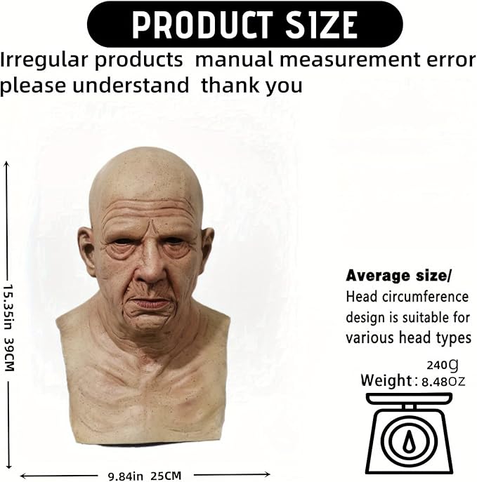 Halloween Realistic Old Man Mask Adlut -Latex Human Old Person Men Full Head Mask Costume