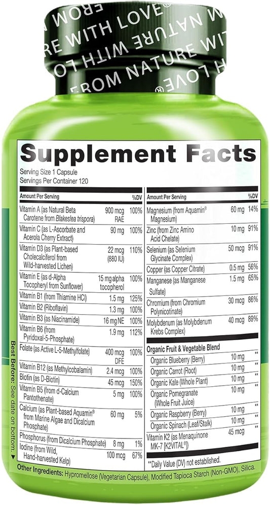 NATURELO One Daily Multivitamin for Women 50+ (Iron Free) - Menopause Support for Women Over 50 - Whole Food Supplement - Non-GMO - No Soy - 120 Capsules - 4 Month Supply