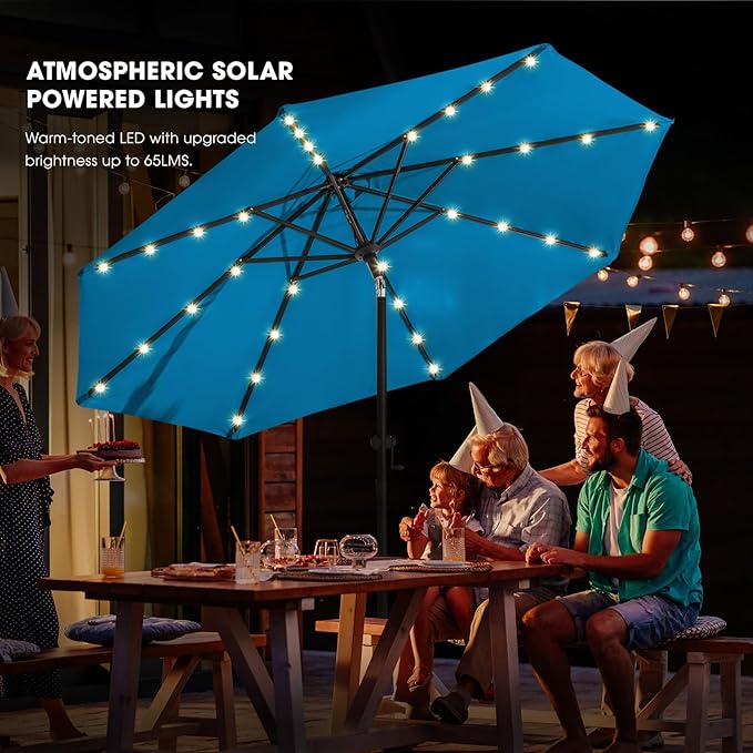 wikiwiki 9ft Solar Led Patio Umbrella, Sturdy Outdoor Market Umbrella for Deck, Pool, Garden w/Tilt, Crank, 32 LED Lights, Royal Blue