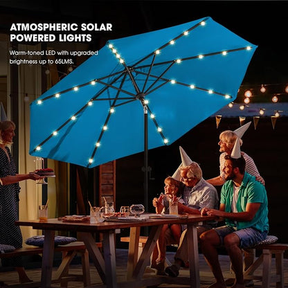 wikiwiki 9ft Solar Led Patio Umbrella, Sturdy Outdoor Market Umbrella for Deck, Pool, Garden w/Tilt, Crank, 32 LED Lights, Royal Blue