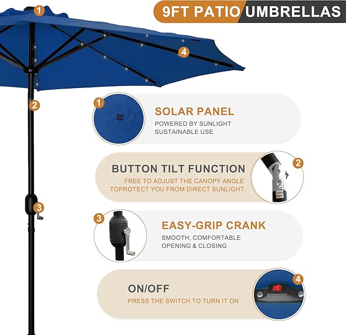 9FT LED Patio Umbrella, Solar Outdoor Umbrellas with LED Lights, Deck Umbrella with Push Button Tilt and Crank, UV Protection Waterproof for Pool, Porch, Garden, Deck, Backyard. (Royal Blue)