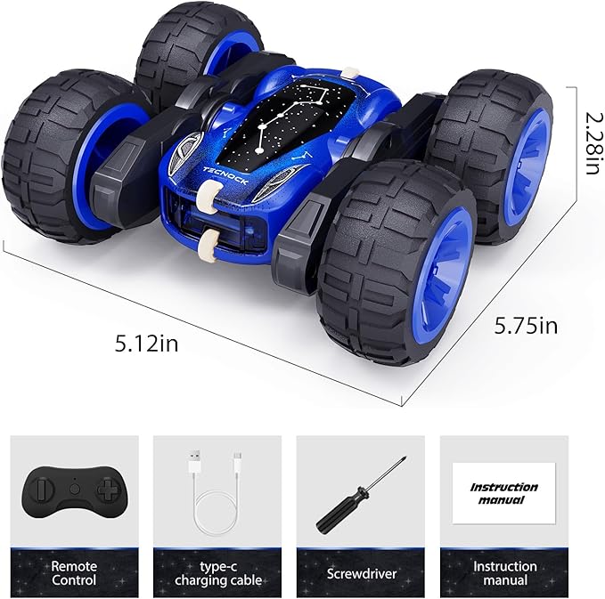 Tecnock Remote Control Car, 2.4GHz RC Cars with USB-C Easy Charging, 4WD Double Sided 360° Rotates and Flips RC Stunt Car, Toys Gift for Boys and Girls