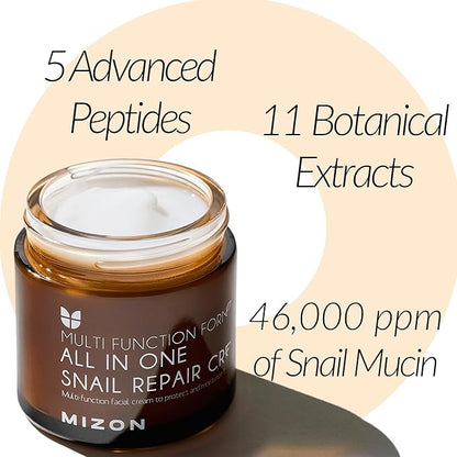 MIZON All in One Snail Repair Cream Snail Mucin with 12 Natural Extracts Korean Recovery Cream for Fine Line & Blemish Care (4.06 fl oz)