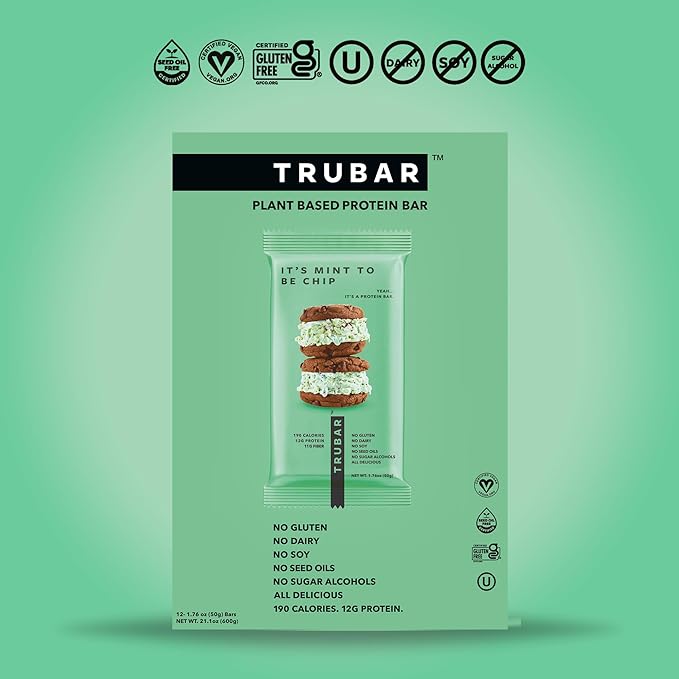 TRUBAR Vegan Protein Bar, It’s Mint to Be Chip, Gluten Free, Plant Based High Fiber, Dairy Free, Low Fat, No Sugar Alcohols, 12G Lean Protein, 13G Fiber, Healthy Snack Bars, 12 CT
