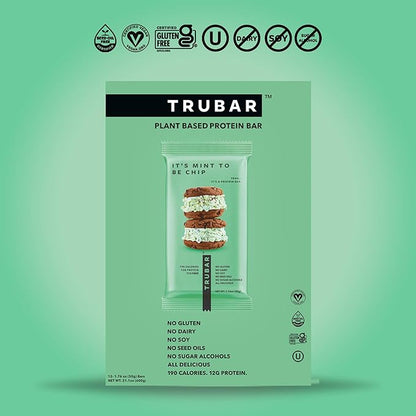 TRUBAR Vegan Protein Bar, It’s Mint to Be Chip, Gluten Free, Plant Based High Fiber, Dairy Free, Low Fat, No Sugar Alcohols, 12G Lean Protein, 13G Fiber, Healthy Snack Bars, 12 CT