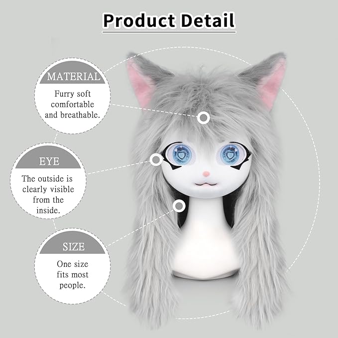 JUNBOON Furry Animal Headgear Beast Full Head Mask Headwear Doll Cosplay Costume Halloween Fursuit