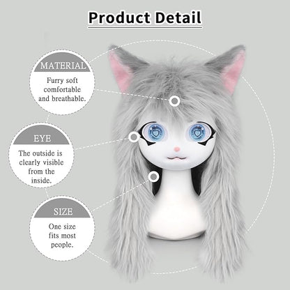 JUNBOON Furry Animal Headgear Beast Full Head Mask Headwear Doll Cosplay Costume Halloween Fursuit