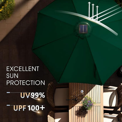 wikiwiki 9ft Solar Led Patio Umbrella, Sturdy Outdoor Market Umbrella for Deck, Pool, Garden w/Tilt, Crank, 32 LED Lights, Dark Green