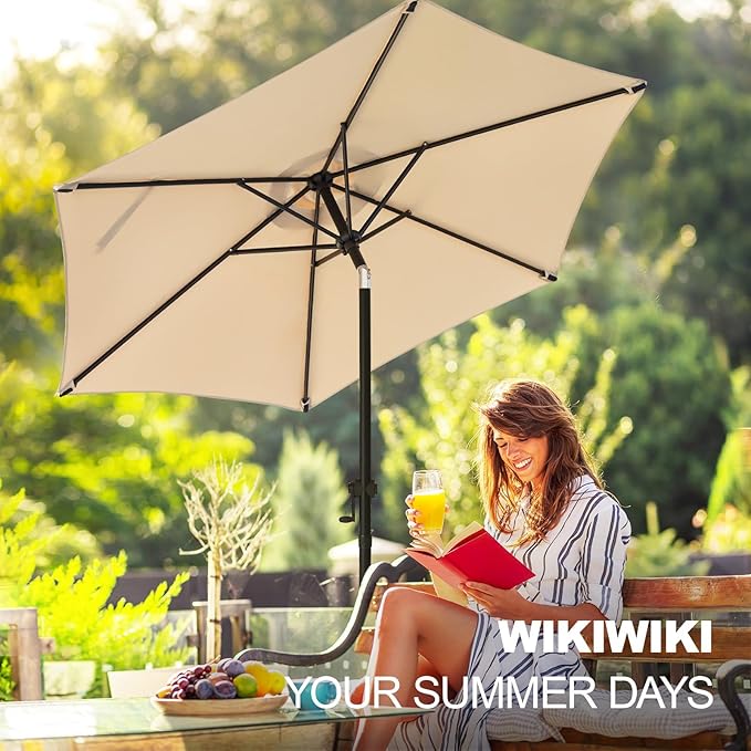 wikiwiki 7.5 FT Patio Umbrellas Outdoor Table Market Umbrella with Push Button Tilt/Crank, 6 Sturdy Ribs, Fade Resistant Waterproof POLYESTER DTY Canopy for Garden, Lawn, Deck, Backyard & Pool, Beige