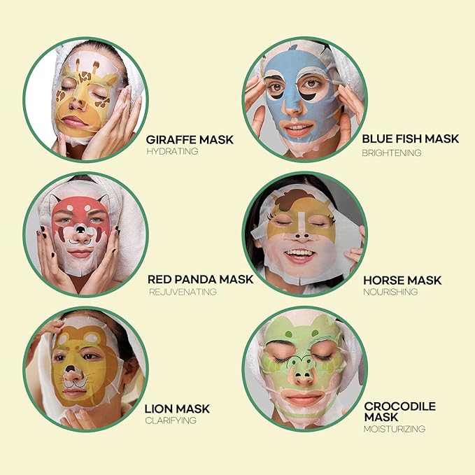 Epielle Character Sheet Masks 6 Pack, Animal Spa Mask, Korean Beauty Mask For All Skin Types, Kids Face Mask, Birthday Party Gift, Girls Night, Spa Gifts for Women