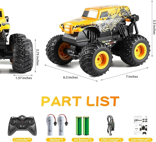 DYODYORC Remote Control Car, 2.4Ghz All Terrain Monster Truck Toys, RC Truck with Music, 3 Lighting Effects, 360 Stunt Capable, All Included Ready to Run, Toy Gifts for Boys and Girls (Yellow)