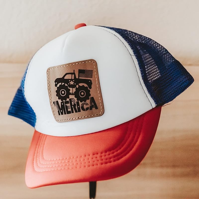 Red White and Blue 'Merica Monster Truck Baseball Cap for Kids, American Flag Hat for Boys, Patriotic Hat for Girls, Toddler Monster Truck Baseball Hat for Kids