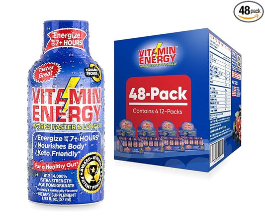 Vitamin Energy B12 Energy Shots | Natural Healthy Energy & Focus Drink | Sugar-Free Carb-Free Supplement | Vitamins B6, B12 | Energize up to 7+ Hours | Acai Pomegranate - 1.93 fl oz - Pack Of 48