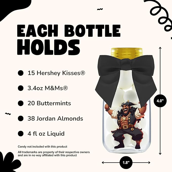 Small 12 Pack Pirate Party Favors - DIY Candy Jars with Ribbons and Stickers - Party Decoration Bottles for Birthday, School Classroom, and Halloween - Pirate Table Centerpieces for Kids