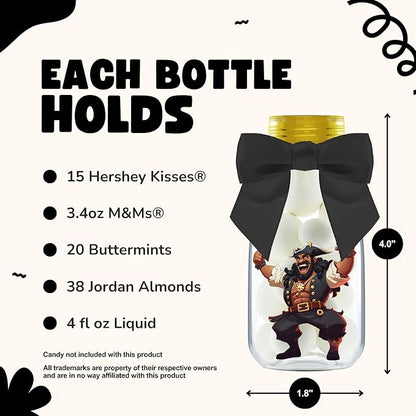 Small 12 Pack Pirate Party Favors - DIY Candy Jars with Ribbons and Stickers - Party Decoration Bottles for Birthday, School Classroom, and Halloween - Pirate Table Centerpieces for Kids