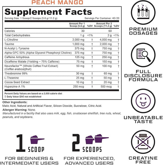 Prevail Pre Workout Powder with Nootropics: Pre Workout for Men and Women, Cutting Edge Energy and Focus Supplement with L Citrulline, Alpha GPC, L Tyrosine, Neurofactor | Peach Mango, 40 Servings