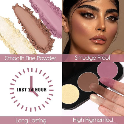 FOCALLURE Blush and Highlighter Palette,3 in 1 Contour Palette,Cruelty-Free Matte Bronzer Powder,Shimmer Illuminator Highlighters for a Glowing Look,#07