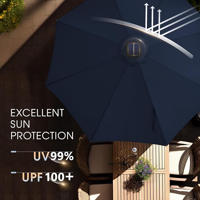 wikiwiki 11ft Solar Led Patio Umbrella, Sturdy Outdoor Market Umbrella for Deck, Pool, Garden w/Tilt, Crank, 32 LED Lights, Navy Blue