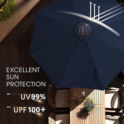 wikiwiki 11ft Solar Led Patio Umbrella, Sturdy Outdoor Market Umbrella for Deck, Pool, Garden w/Tilt, Crank, 32 LED Lights, Navy Blue