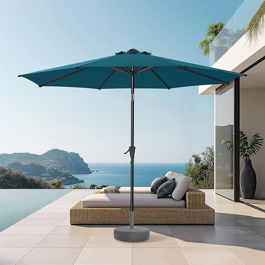 9ft Outdoor Patio Umbrella - Market Table Pool Deck Umbrella UPF50+ UV Protection with Push Button Tilt, Crank and 8 Sturdy Ribs (Peacock Blue, No base)