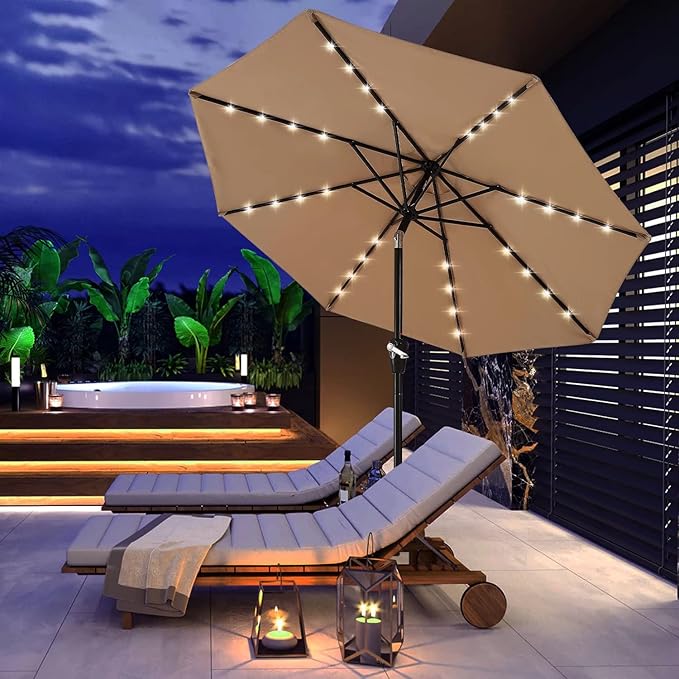 ABCCANOPY Durable Solar Led Patio Umbrellas with 32LED Lights 9FT (khaki)
