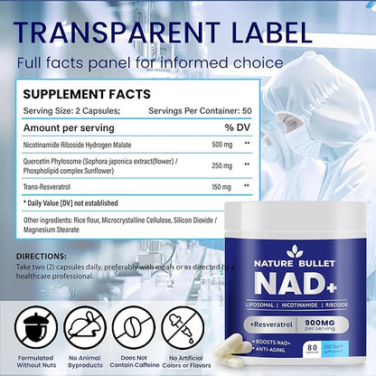 NAD Supplement for Anti-Aging and Cell: Nicotinamide Riboside & Mononucleotide - Cellular Energy & Mitochondrial & Healthy Aging & Cognitive Function Support - Liposomal NAD Supplements - 80 Capsules