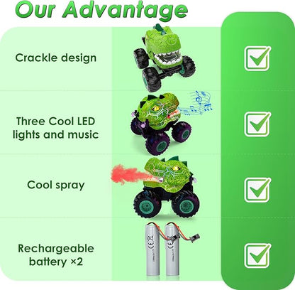 Monster RC Car - Dinosaur 360° Rotating Stunt Car with Spray, Lights & Sound, 2.4GHz All Terrain Truck, Remote Control Toys for Age 4-7, Gifts for Kids 3-12