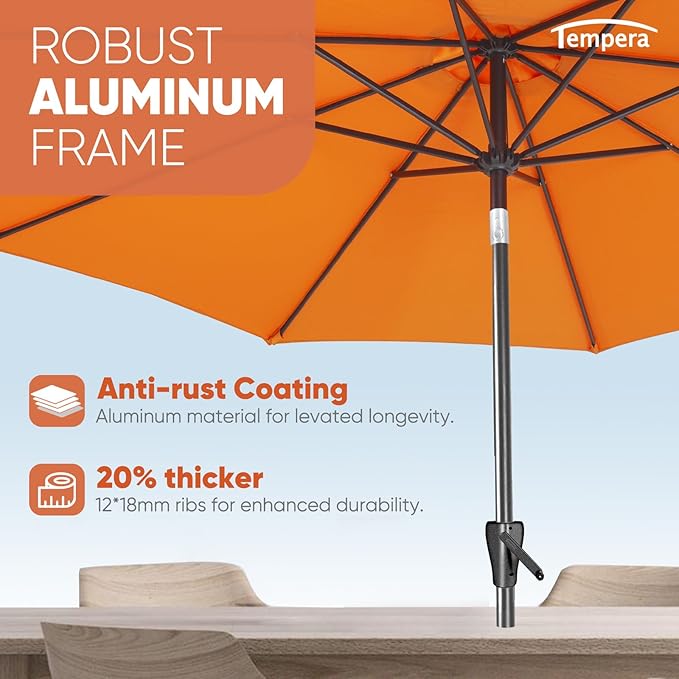 Tempera Patio Market Outdoor Table Umbrella with Push Button Tilt and Crank,Large Sun Umbrella with Sturdy Pole&Fade resistant canopy,Easy to set