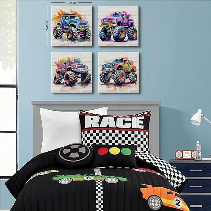 Car Room Decor Monster Truck Canvas Wall Art Framed Boys Room Rustic Farmhouse Cartoon Car Color Racing Vehicle Painting Canvas Prints Garage Playroom Men Bedroom Classroom Home Decoration 16×16" 4Pcs