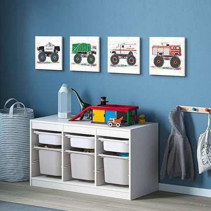 Monster Truck Wall Decor for Boys Room Cartoon Car Wall Art for Kids Room Nursery Watercolor Garbage Firetruck Ambulance Police Canvas Print Painting Vehicles Picture Artwork Home Decoration 16x16” 4P