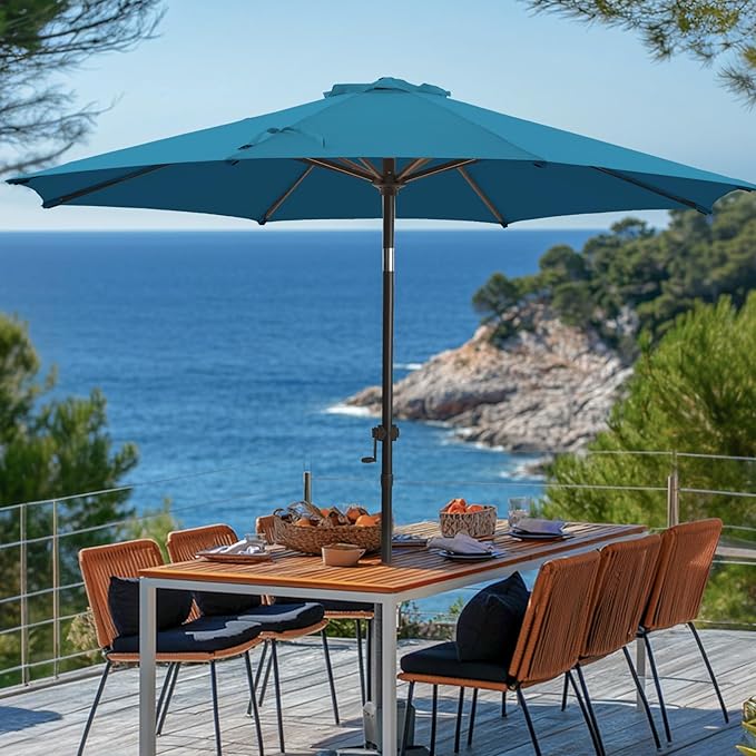 wikiwiki 10 FT Patio Umbrellas Outdoor Table Market Umbrella with Push Button Tilt/Crank, 8 Sturdy Ribs, Fade Resistant Waterproof POLYESTER DTY Canopy for Garden, Lawn, Backyard & Pool, Sky Blue