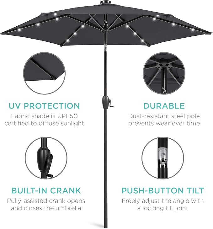 Best Choice Products 7.5ft Outdoor Solar Market Table Patio Umbrella for Deck, Pool w/Tilt, Crank, LED Lights - Gray