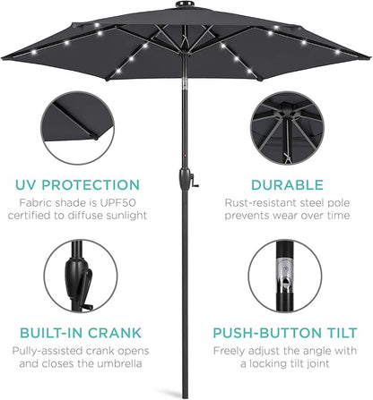 Best Choice Products 7.5ft Outdoor Solar Market Table Patio Umbrella for Deck, Pool w/Tilt, Crank, LED Lights - Gray