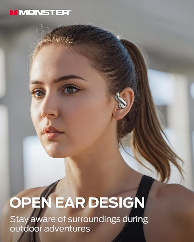 Monster Open Ear AC390 Headphones, Bluetooth 6.0 Earbuds with Stereo Sound, Wireless Headphones 24H Playtime, IPX5 Waterproof, Rotating Charging Case with Lanyard, Ultra-Light Open Ear Earbuds