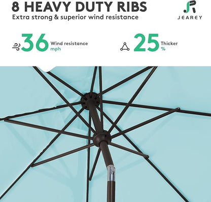 JEAREY 9FT Outdoor Patio Umbrella Outdoor Table Umbrella with Push Button Tilt and Crank, Market Umbrella 8 Sturdy Ribs UV Protection Waterproof for Garden, Deck, Backyard, Pool (Light Blue)