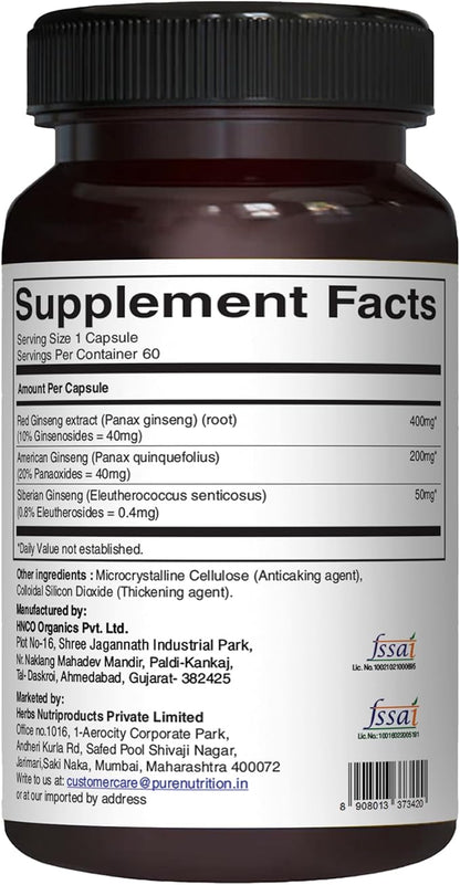 Pure Nutrition Triple Ginseng - an Unique and Effective Combination of Red Ginseng, American Ginseng and Siberian Ginseng. 790mg per Capsule | 60 Veg Caps Pack
