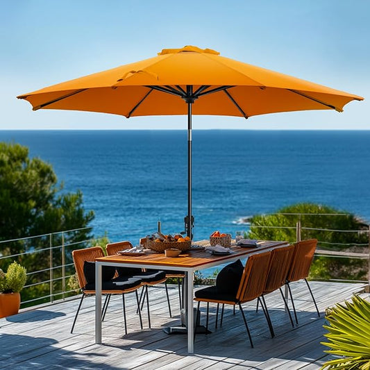 wikiwiki 9 FT Patio Umbrellas Outdoor Table Market Umbrella with Push Button Tilt/Crank, 8 Sturdy Ribs, Fade Resistant Waterproof POLYESTER DTY Canopy for Garden, Lawn, Deck, Backyard & Pool, Orange