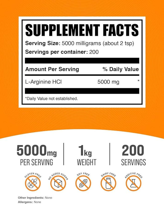 BulkSupplements.com L-Arginine HCl Powder - Arginine Supplement, Nitric Oxide Supplement - Arginine Powder, Unflavored & Gluten Free, 5000mg per Serving, 1kg (2.2 lbs) (Pack of 1)