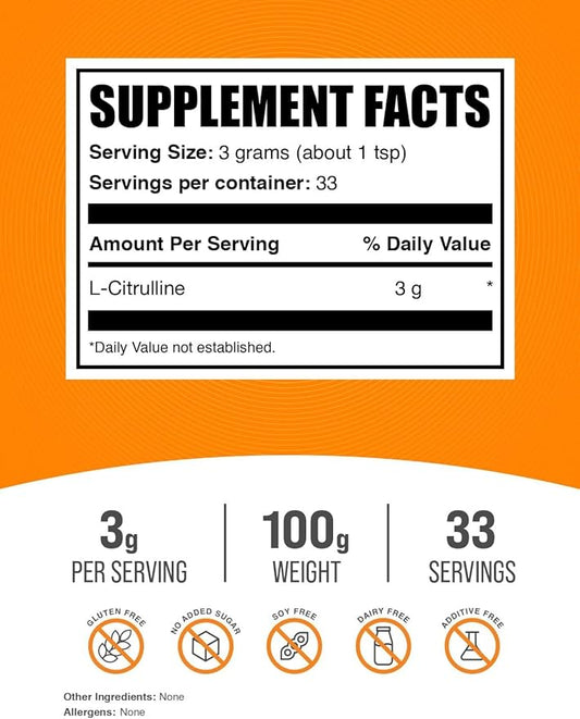 BulkSupplements.com L-Citrulline Powder - Citrulline Supplement, Citrulline Powder - L-Citrulline 3000mg, Unflavored & Gluten Free - 3g per Servings, 100g (3.5 oz) (Pack of 1)