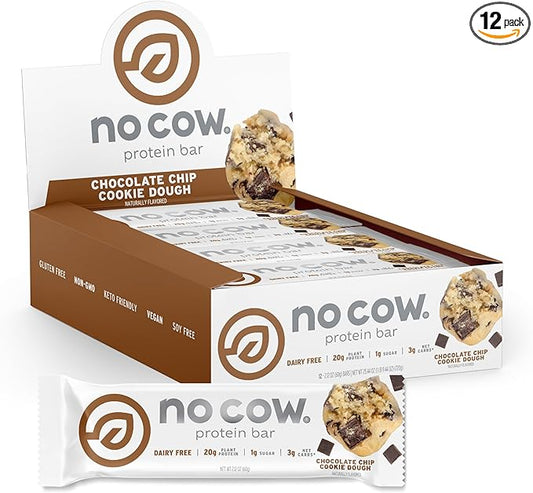 No Cow High Protein Bars, Chocolate Chip Cookie Dough - Healthy Snacks, 20g Vegan Protein, High Fiber, Low Sugar, Keto Friendly, Dairy & Gluten Free (12 Count)
