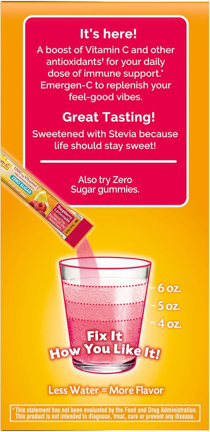 Emergen-C Zero Sugar 1000 mg Vitamin C Powder for Daily Immune Support Caffeine Free Vitamin C Supplements with Zinc and Manganese, B Vitamins and Electrolytes, Raspberry Lemonade Flavor - 36 Count