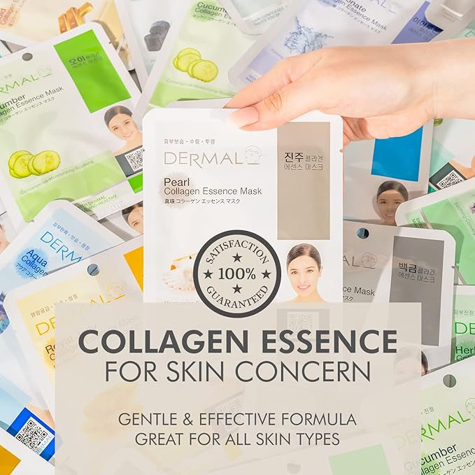 DERMAL Korean Collagen Face Mask – Hydrating & Soothing Sheet Mask with Panthenol – Hypoallergenic Calming Moisture Care for All Skin Types – 32 Combo Pack A+B Set