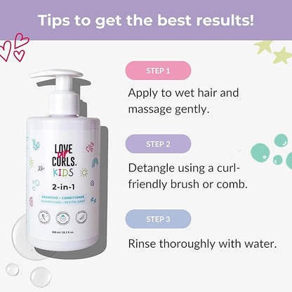 Love Ur Curls Kids - LUCK 2 in 1 Shampoo and Conditioner, Fragrance Free, Pediatrician Approved, Gentle Tear Free Unscented Formula, Easy to Detangle Curls, Sulfate and Paraben Free, 300 mL