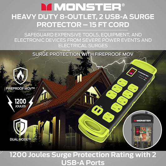 Monster Workshop Heavy-Duty Garage Power Strip Surge Protector - Mountable Heavy-Duty Wide-Spaced 8 Grounded AC & 2 USB-A Outlets with 14ft Angled Flat Plug - 1200 Joules - ETL Listed Black