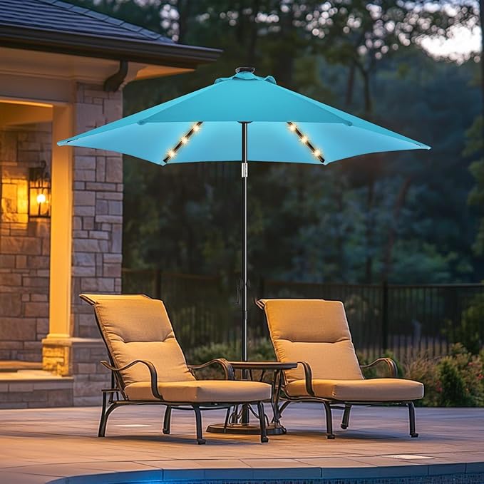 wikiwiki 7.5ft Solar Led Patio Umbrella, Sturdy Outdoor Market Umbrella for Deck, Pool, Garden w/Tilt, Crank, 18 LED Lights, Sky Blue