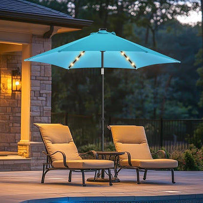 wikiwiki 7.5ft Solar Led Patio Umbrella, Sturdy Outdoor Market Umbrella for Deck, Pool, Garden w/Tilt, Crank, 18 LED Lights, Sky Blue