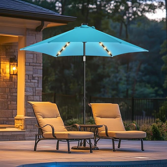 wikiwiki 7.5ft Solar Led Patio Umbrella, Sturdy Outdoor Market Umbrella for Deck, Pool, Garden w/Tilt, Crank, 18 LED Lights, Sky Blue