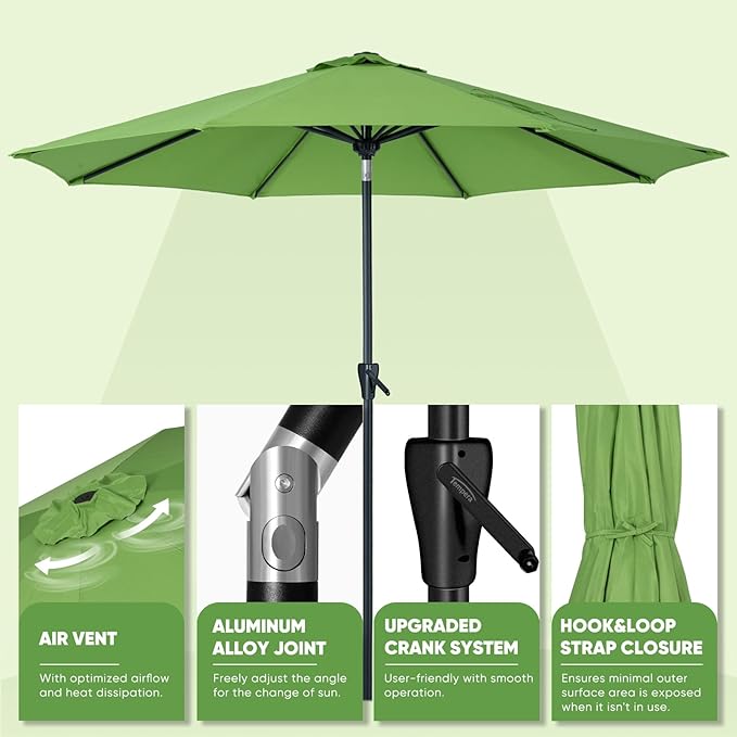 Tempera Patio Market Outdoor Table Umbrella with Push Button Tilt and Crank,Large Sun Umbrella with Sturdy Pole&Fade resistant canopy,Easy to set
