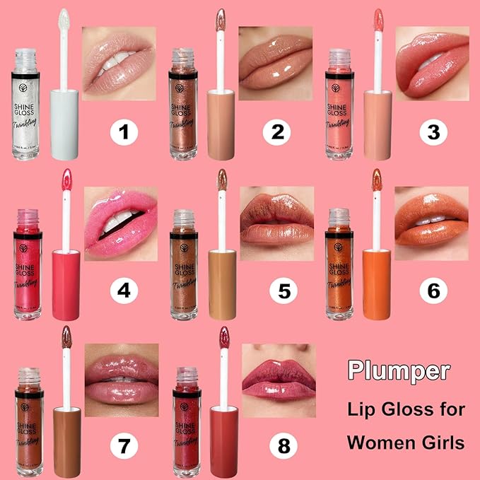 Red Lip Gloss Women Girls Plumping Lip Gloss Glitter Tinted Lip gloss Oil Plumper Hydrating Long Lasting Moisturizing Non Sticky Makeup lip gloss (08# Rose Red Shimmer)