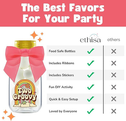 Small 12 Pack Two Groovy Party Favors - DIY Candy Jars with Ribbons and Stickers - Funky Party Decoration Bottles for 2nd Birthday Bash for Baby Boy or Girl - Retro Hippie Table Centerpieces